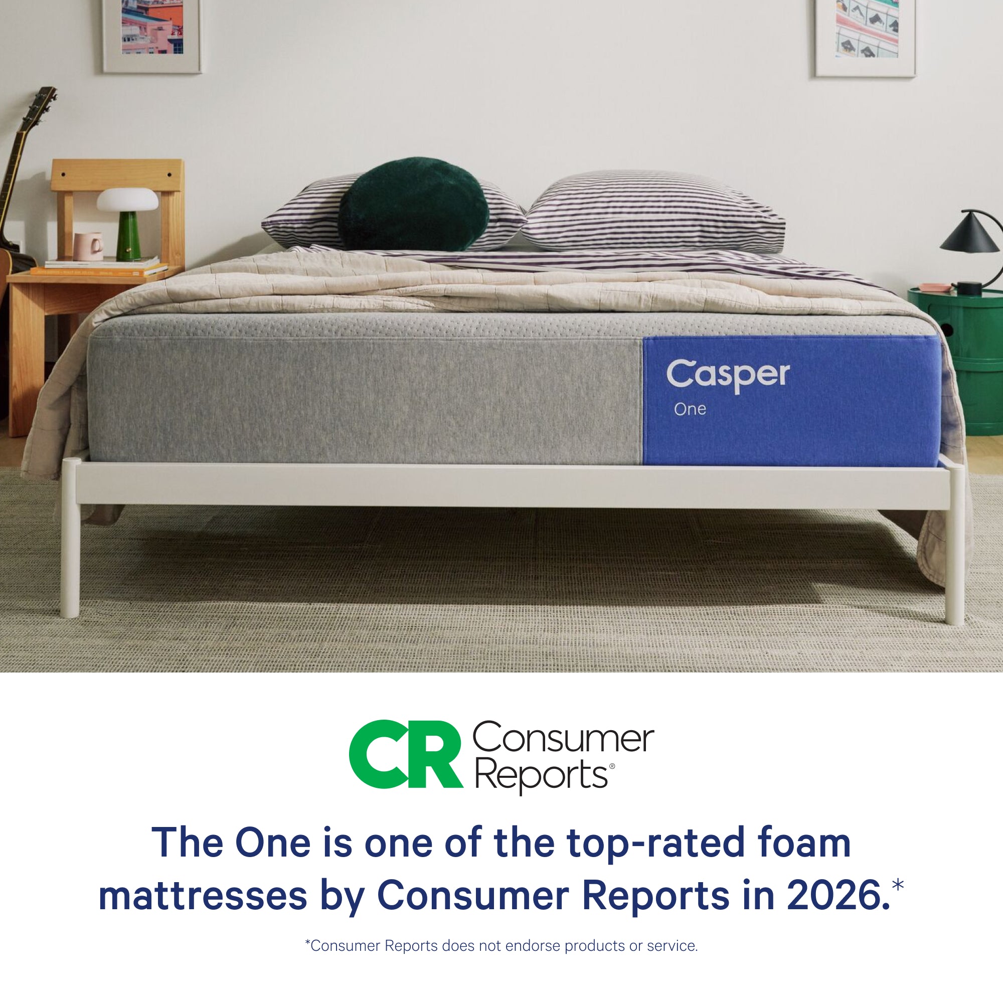 Casper mattress with Consumer Reports logo and text on a bedroom setting