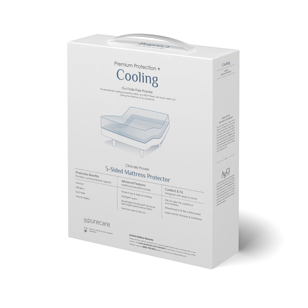 Package of a 5-sided mattress protector with cooling feature on a white background