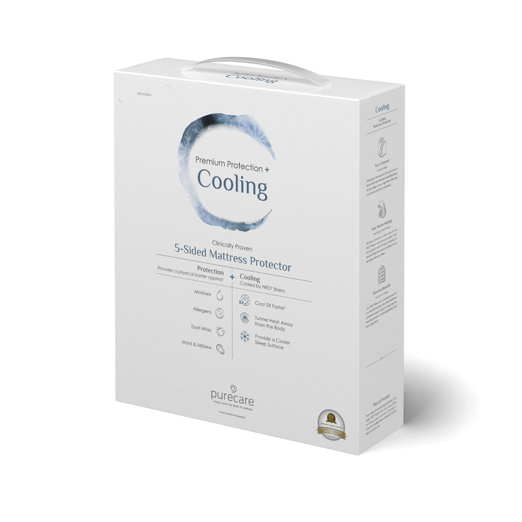 White packaging box for a mattress protector with 'purecare' branding on a white background
