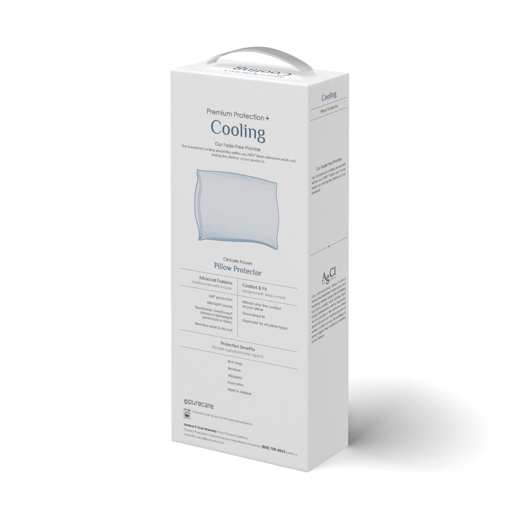 Box of premium pillow protector with cooling technology on a white background