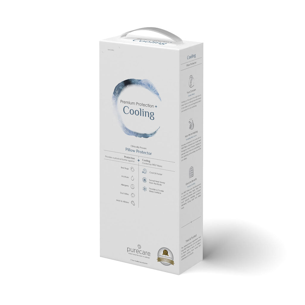 White packaging box for a pillow protector with 'purecare' branding on a white background