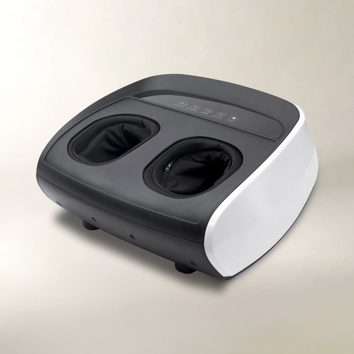 A foot massager machine with a black top and foot compartments and a white side panel, shown on a light beige background.