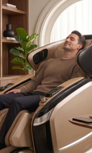 A man reclining comfortably in a beige and black modern massage chair in a warm, well-lit room with a window, wooden shelves, and a green plant.