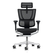 A black ergonomic office chair with a mesh back, integrated headrest, and polished aluminum base is shown from the front view.