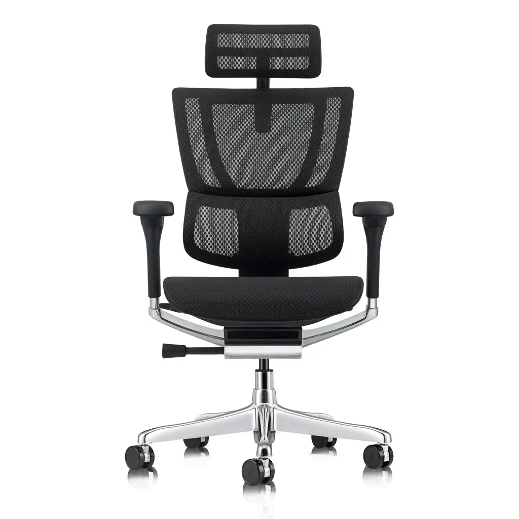 A black ergonomic office chair with a mesh back, integrated headrest, and polished aluminum base is shown from the front view.