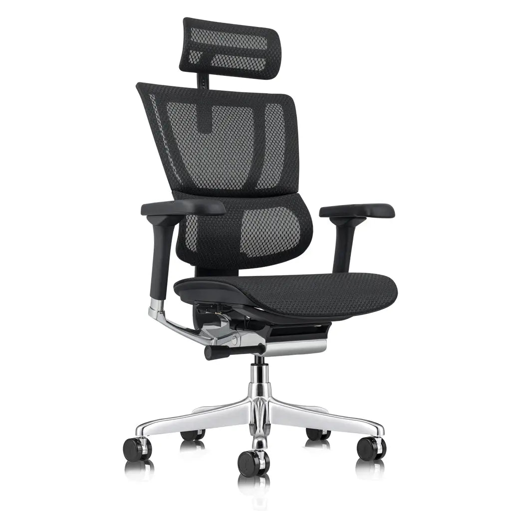 A black ergonomic office chair with a mesh back, integrated headrest, and polished aluminum base is shown from the side view.