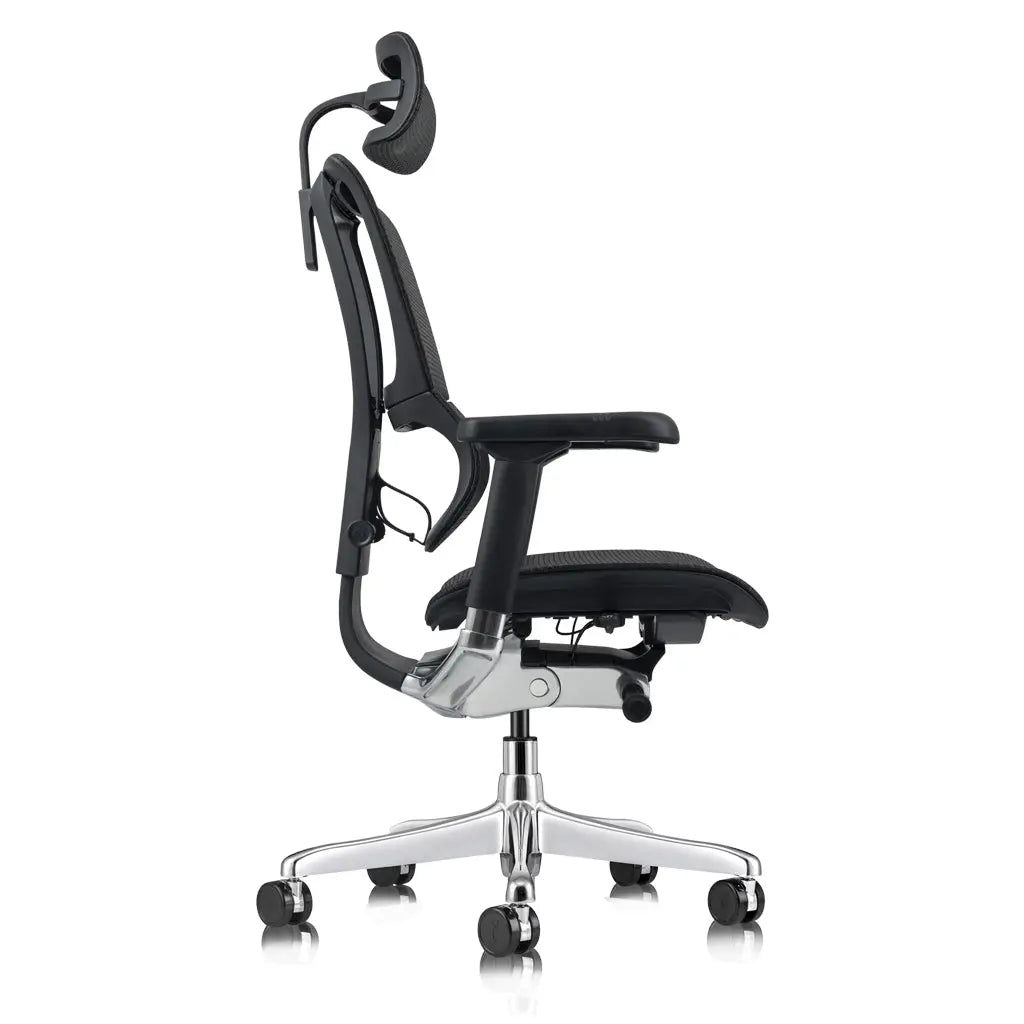 A black ergonomic office chair with a mesh back, integrated headrest, and polished aluminum base is shown from the side view.