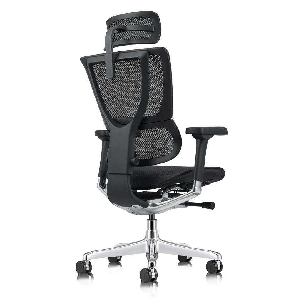 A black ergonomic office chair with a mesh back, integrated headrest, and polished aluminum base is shown from the side view.