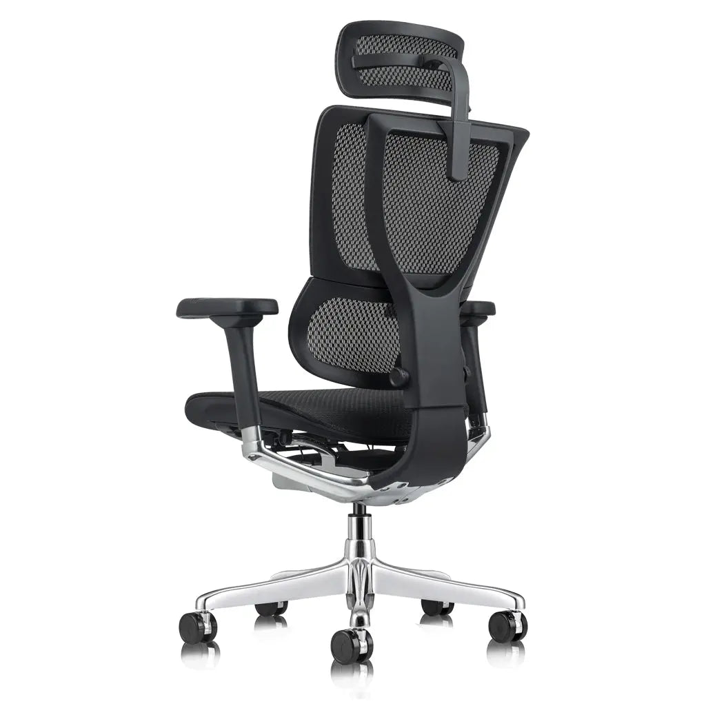 A black ergonomic office chair with a mesh back, integrated headrest, and polished aluminum base is shown from the back view.