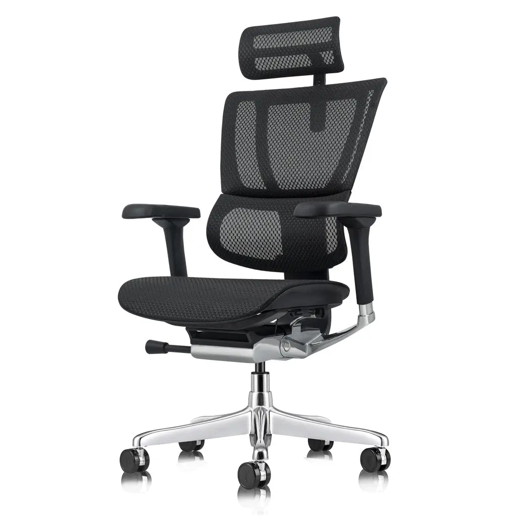 A black ergonomic office chair with a mesh back, integrated headrest, and polished aluminum base is shown from the side view.