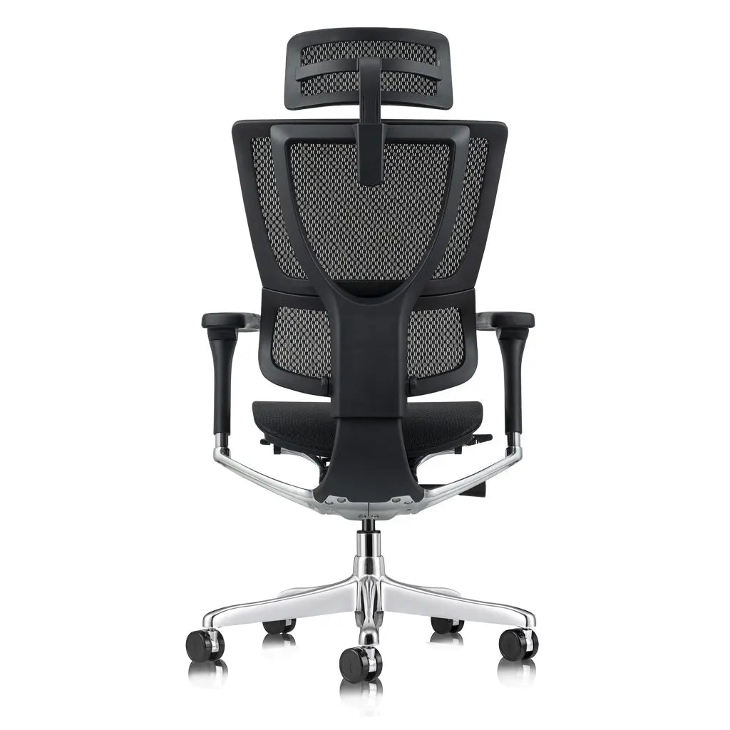 A black ergonomic office chair with a mesh back, integrated headrest, and polished aluminum base is shown from the rear view.
