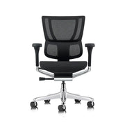 A front view of the RTB-Contour Flex LO Office Chair highlights the waterfall seat and chrome base, set against a clean white background.