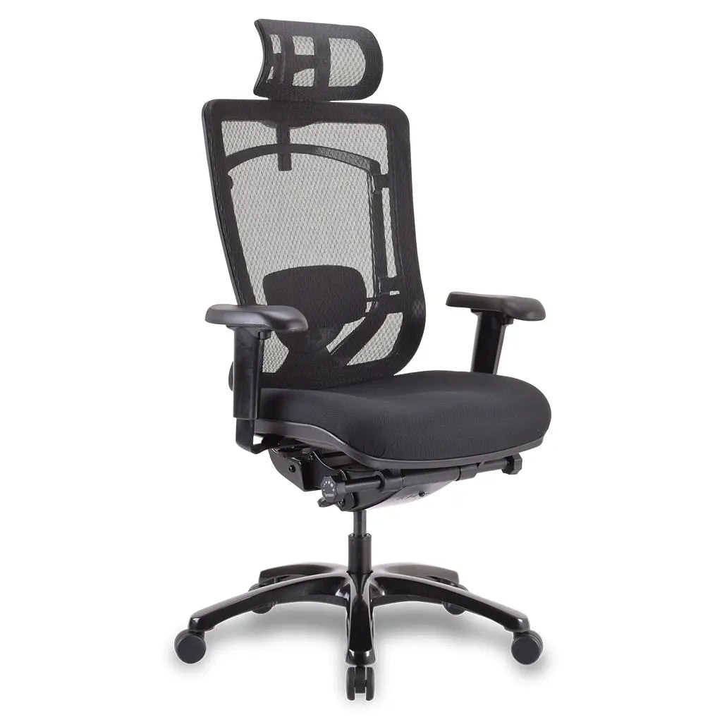 The RTB-Neo Tempur Pedic Office Chair features a contoured memory foam seat, adjustable armrests, lumbar support, and a customizable headrest for enhanced comfort.