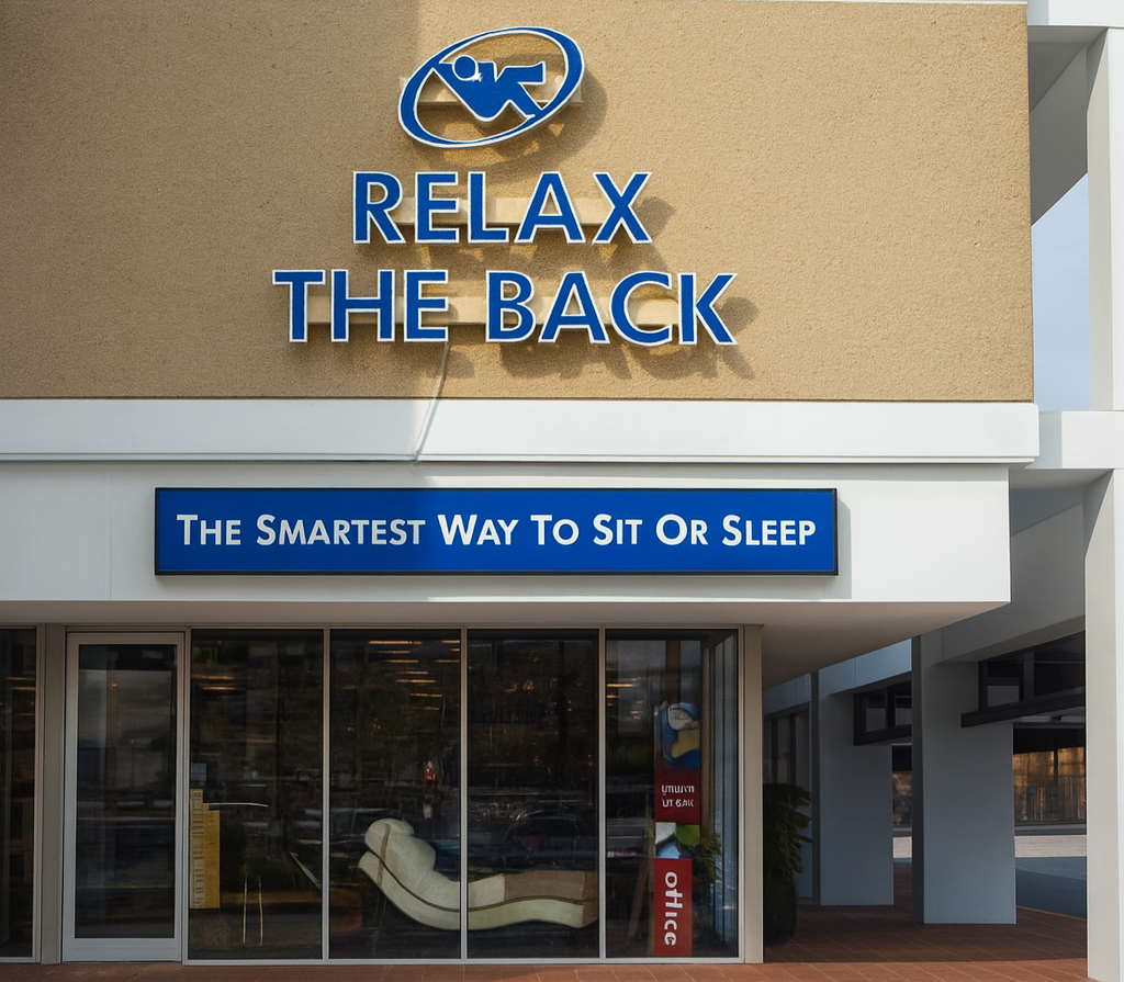Storefront with 'Relax the Back' logo and sign on a building exterior.