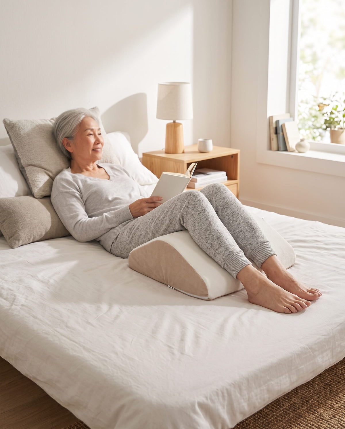 An older woman relaxes on a bed with a beige and white wedge-shaped lumbar support pillow between her legs, wearing a light gray long-sleeve top and matching joggers. The bedroom is softly lit with natural light from a window, featuring a wooden nightstand and lamp.