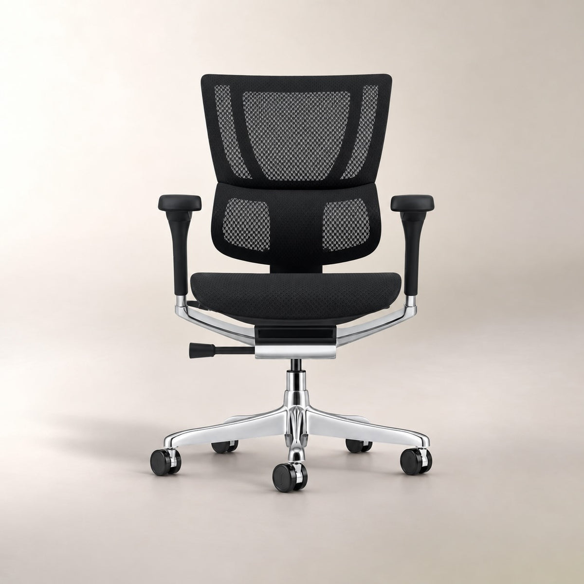A front view of the RTB-Contour Flex LO Office Chair highlights the waterfall seat and chrome base, set against a studio beige background.