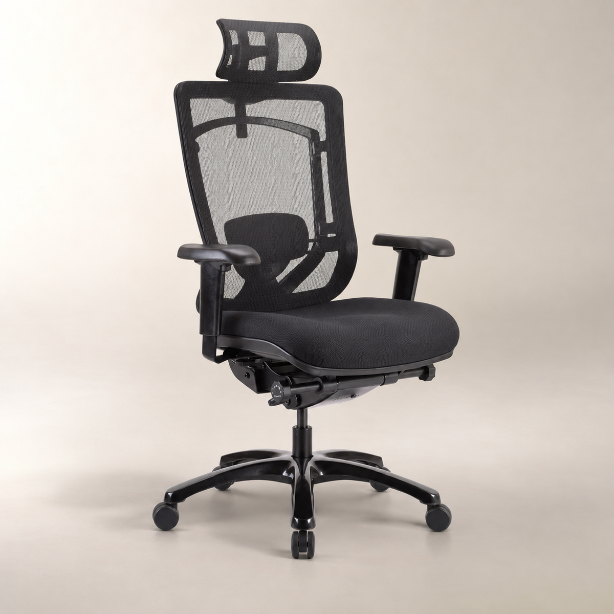 The RTB-Neo Tempur Pedic Office Chair features a contoured memory foam seat, adjustable armrests, lumbar support, and a customizable headrest for enhanced comfort against a beige studio background.