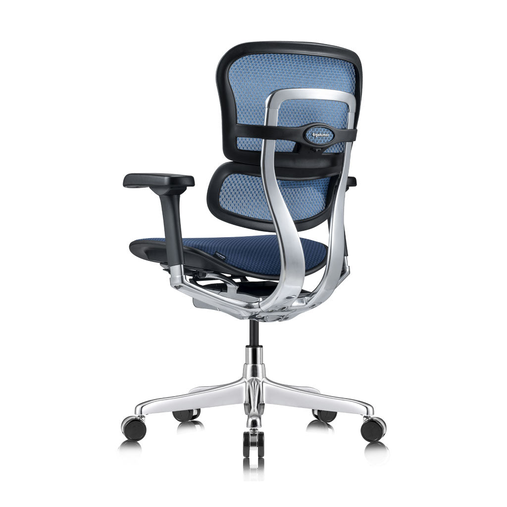 Blue office chair with mesh back and chrome base on a white background