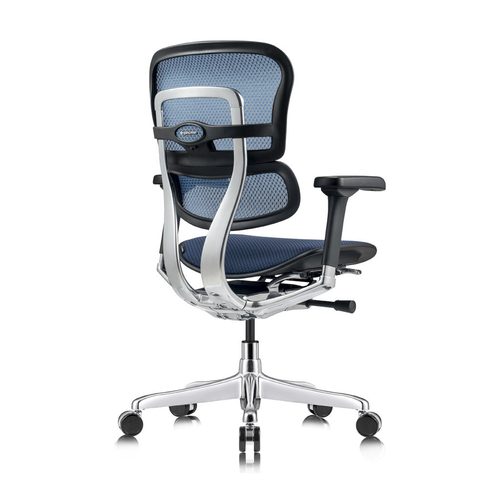 Ergonomic office chair with blue mesh back and seat on a white background