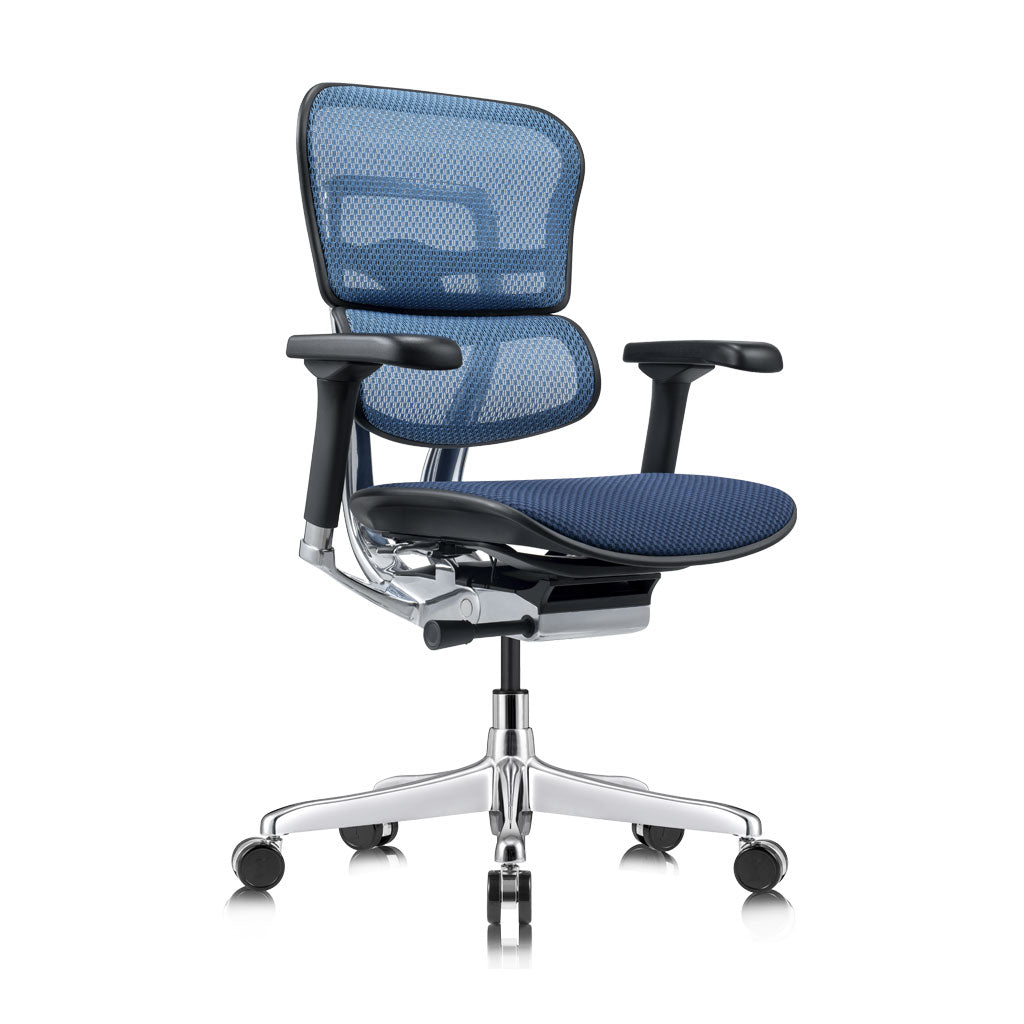 Blue office chair with mesh back and black accents on a white background