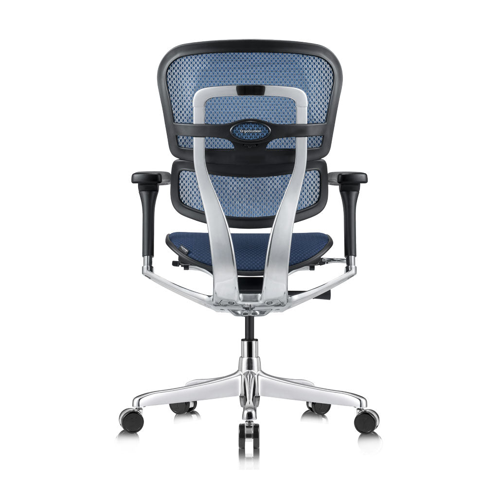 Ergonomic office chair with blue mesh seat and black frame on a white background