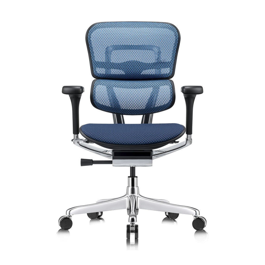 Blue office chair with mesh back and chrome base on a white background