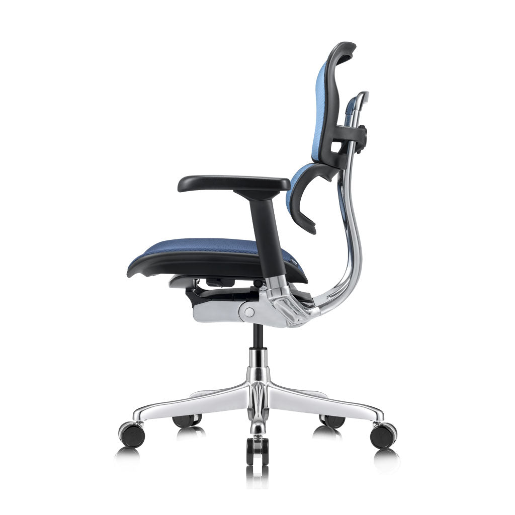 Ergonomic office chair with blue seat and black armrests on a white background