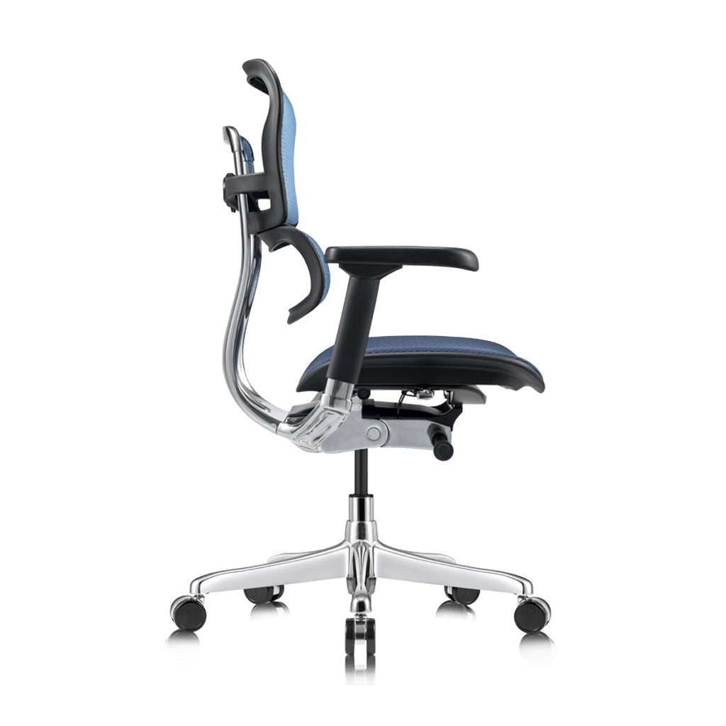 Ergonomic office chair with blue seat and black armrests on a white background