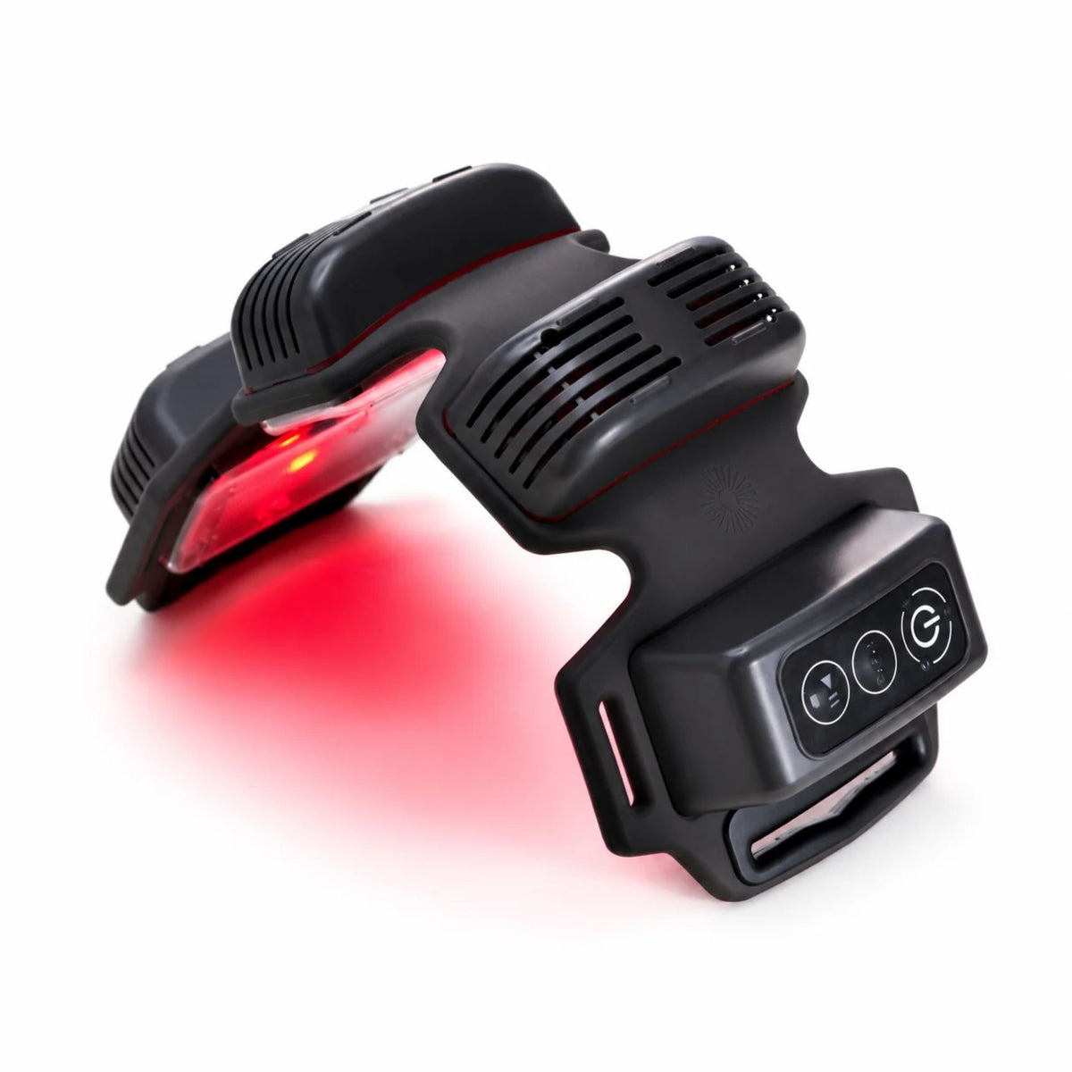 A black wearable red light therapy device with a glowing red light therapy panel, shown on a white background with a red glow.