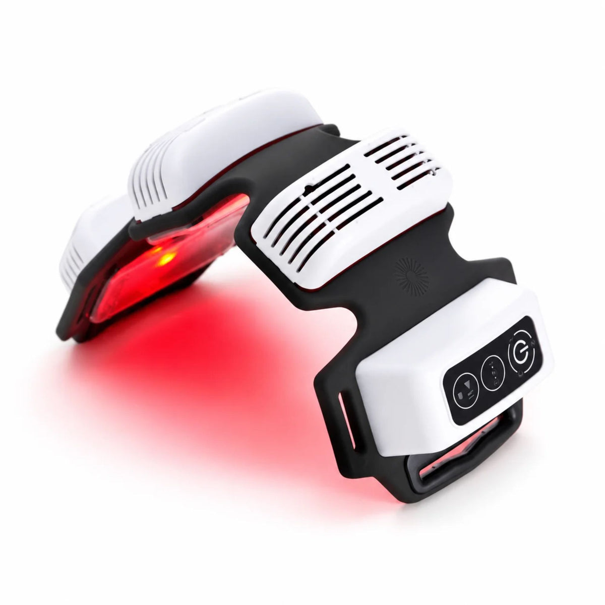 A white and black wearable red light therapy device with a glowing red light therapy panel, shown on a white background with a red glow.