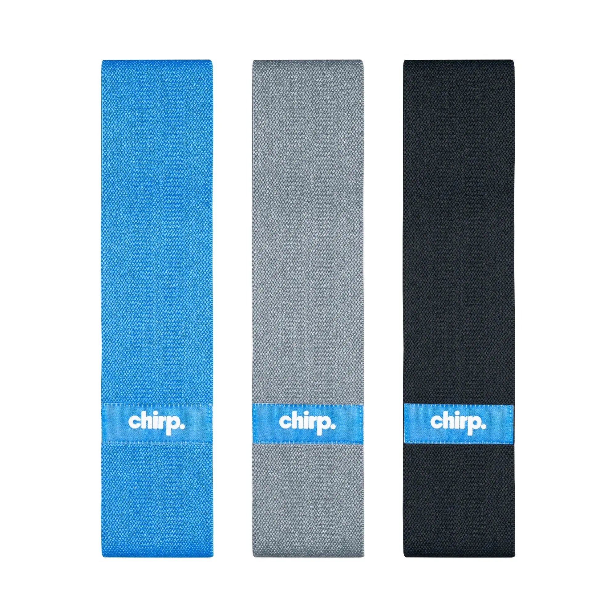 Chirp Resistance Bands in blue, grey and black against a white background