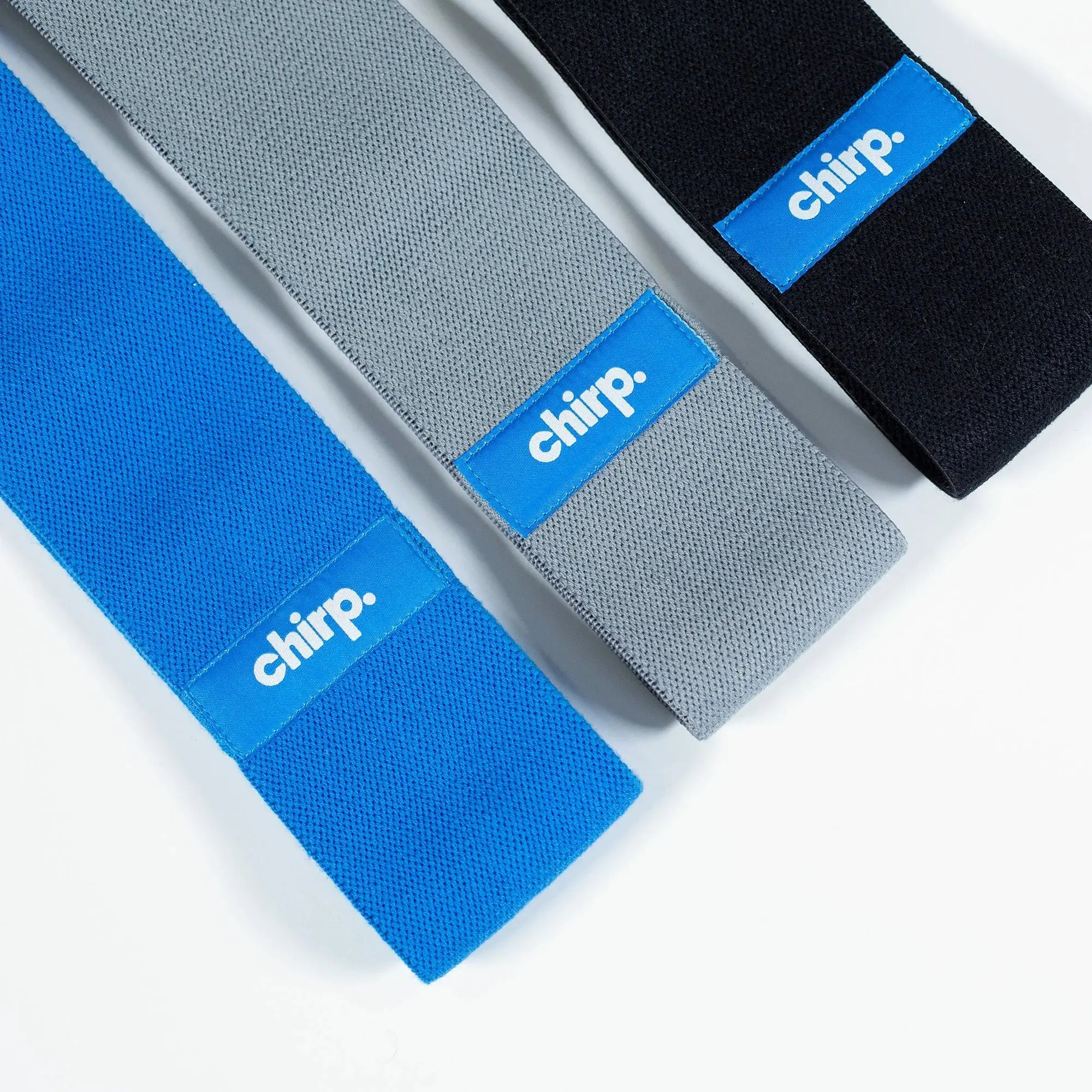 Chirp Resistance Bands in blue, grey and black against a white background