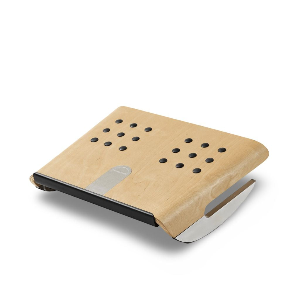 A Humanscale foot rest with a light natural wood top, a silver metal support base, and a black side frame, shown on a white background.