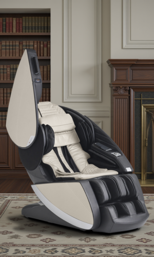 Massage chair in a room with bookshelves and a fireplace.