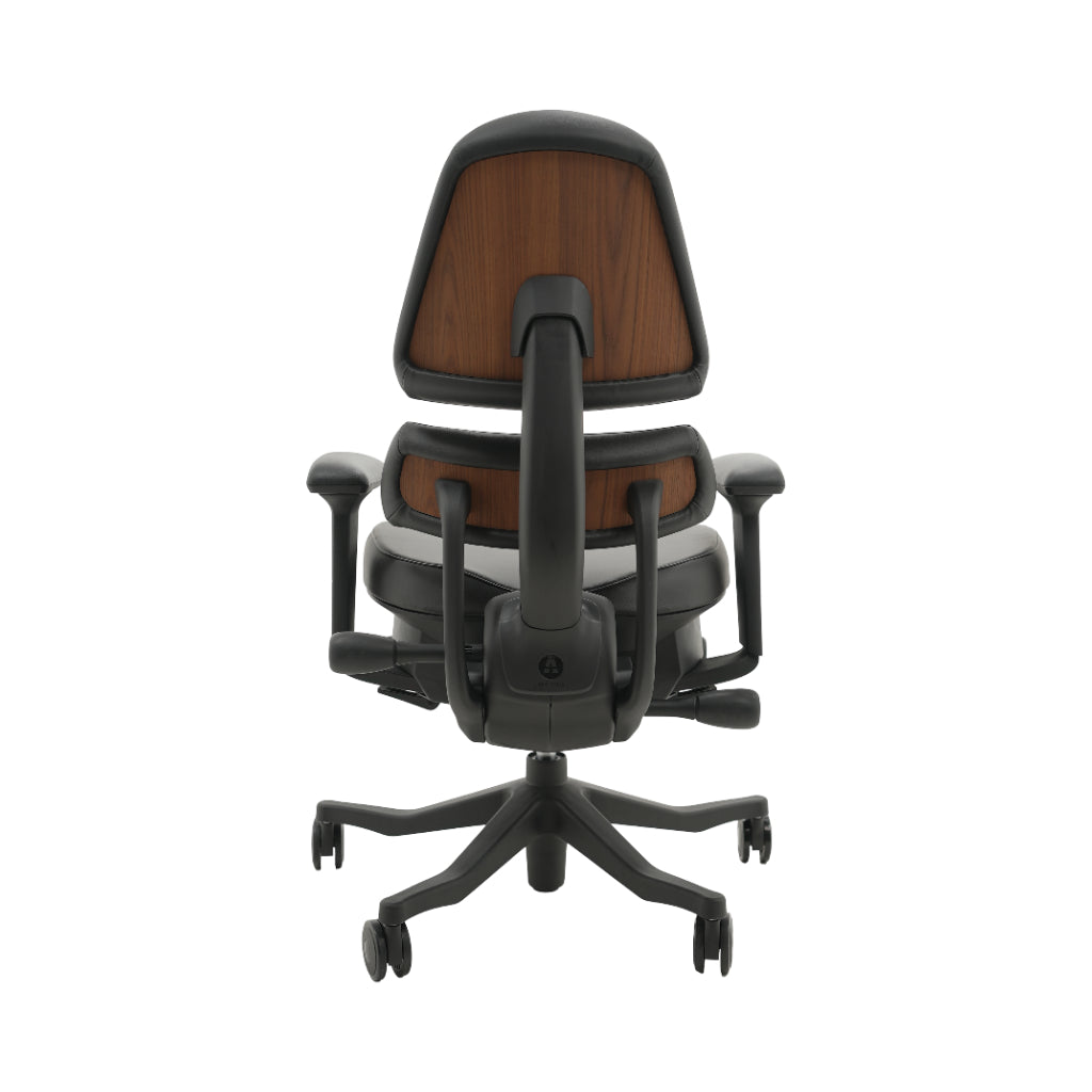 An ergonomic office chair with a high back, adjustable armrests, and a four-wheel base, shown from a rear angle on a white background.