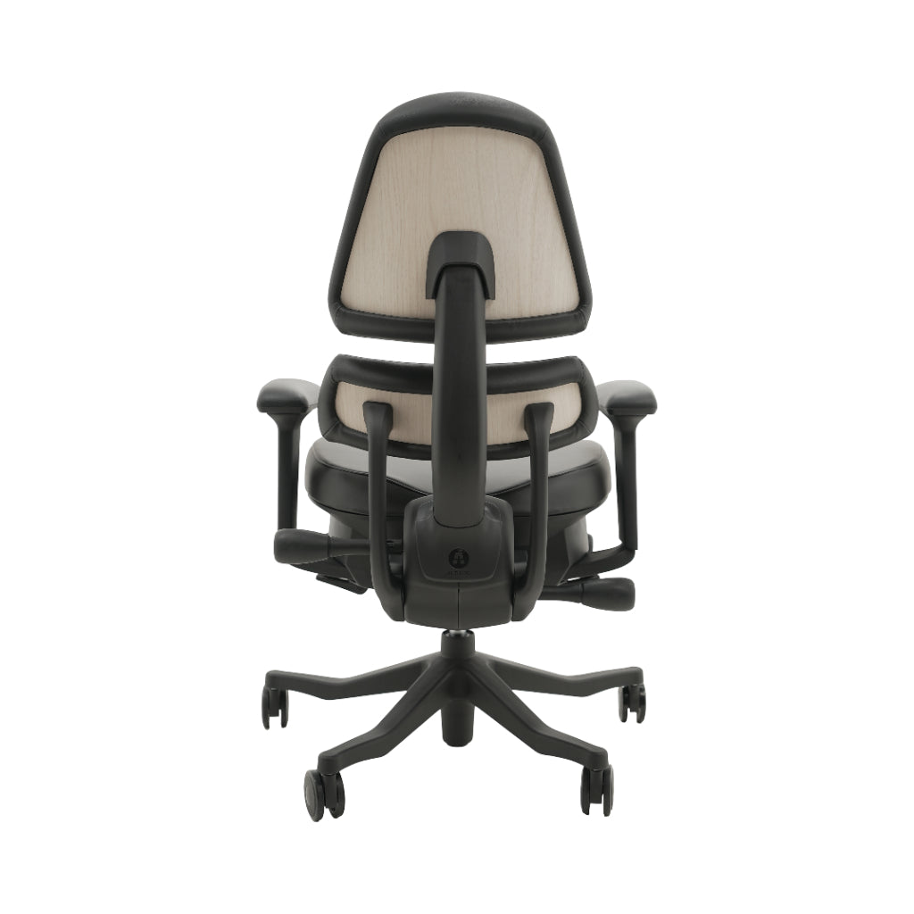 An ergonomic office chair with a high back, adjustable armrests, and a four-wheel base, shown from a rear angle on a white background.