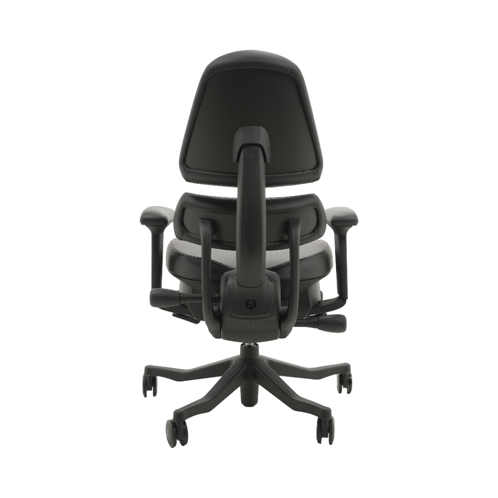 An ergonomic office chair with a high back, adjustable armrests, and a four-wheel base, shown from a rear angle on a white background.
