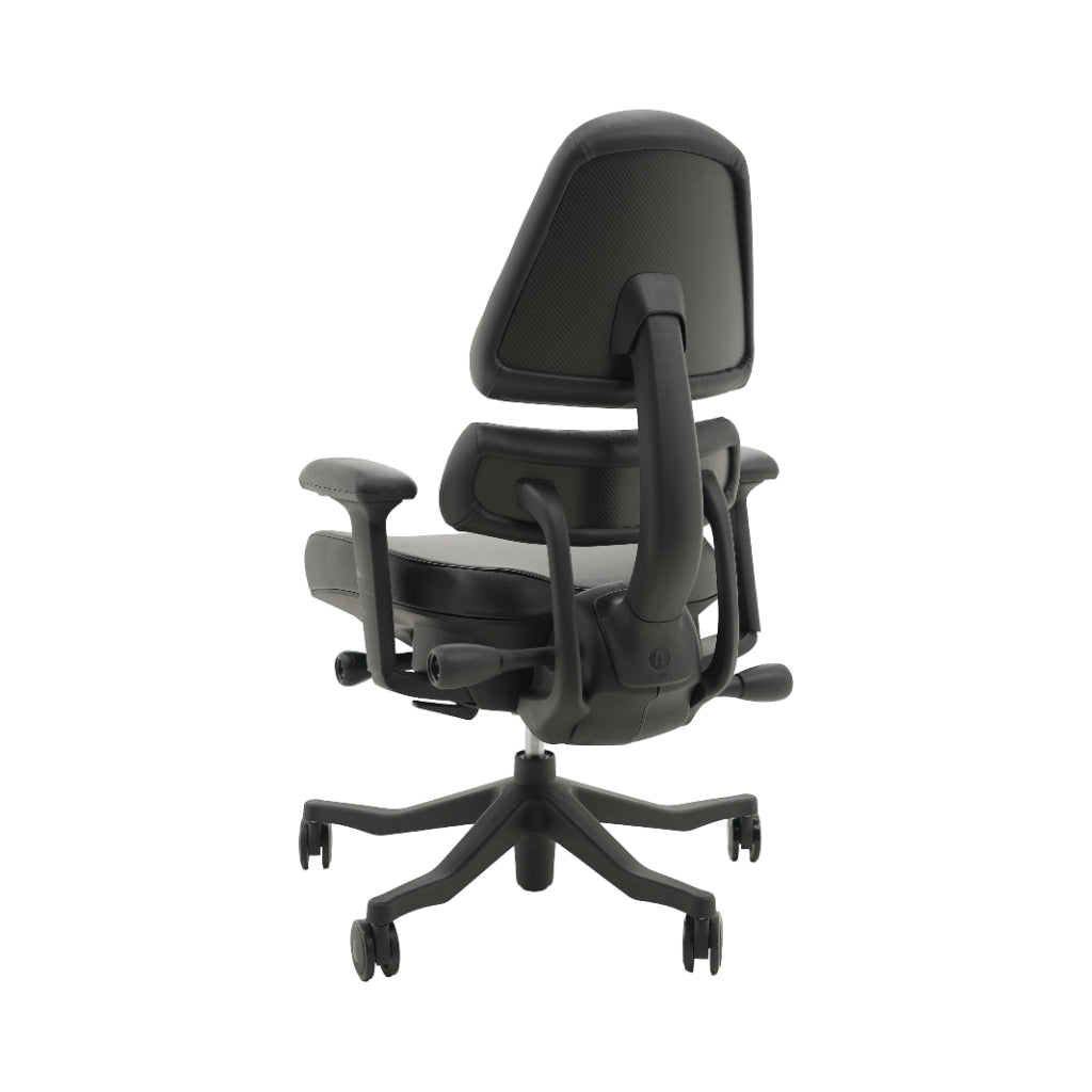 An ergonomic office chair with a high back, adjustable armrests, and a four-wheel base, shown from a rear angle on a white background.