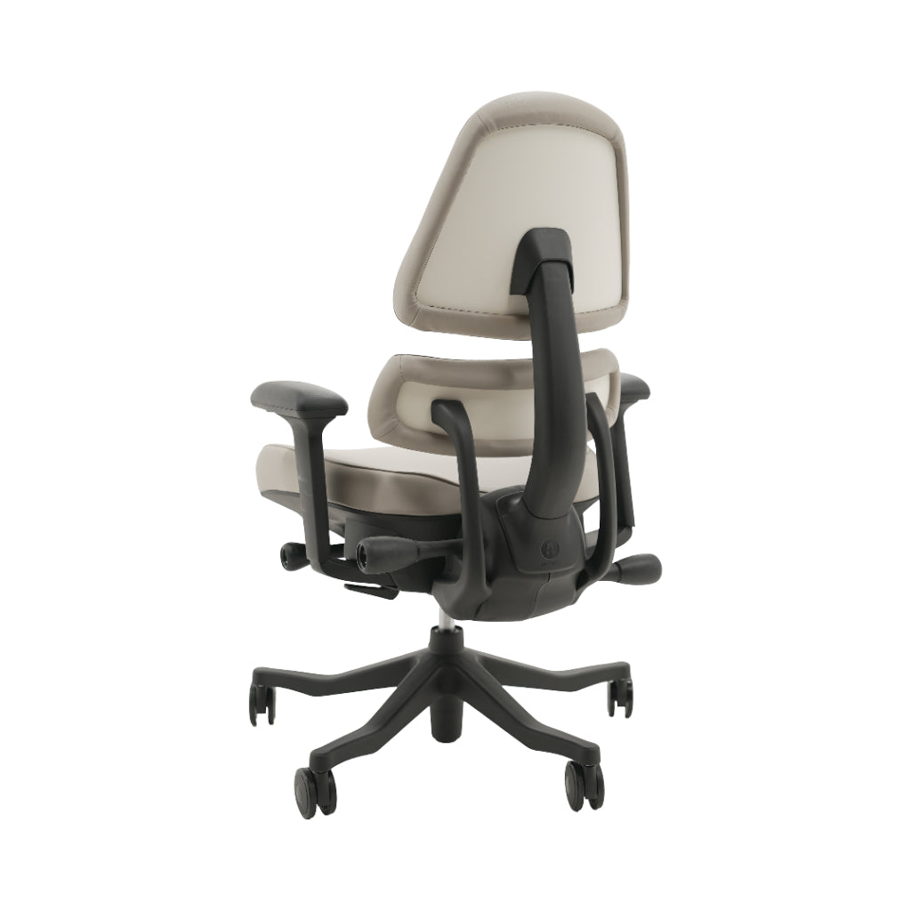 An ergonomic office chair with a high back, adjustable armrests, and a four-wheel base, shown from a rear angle on a white background.