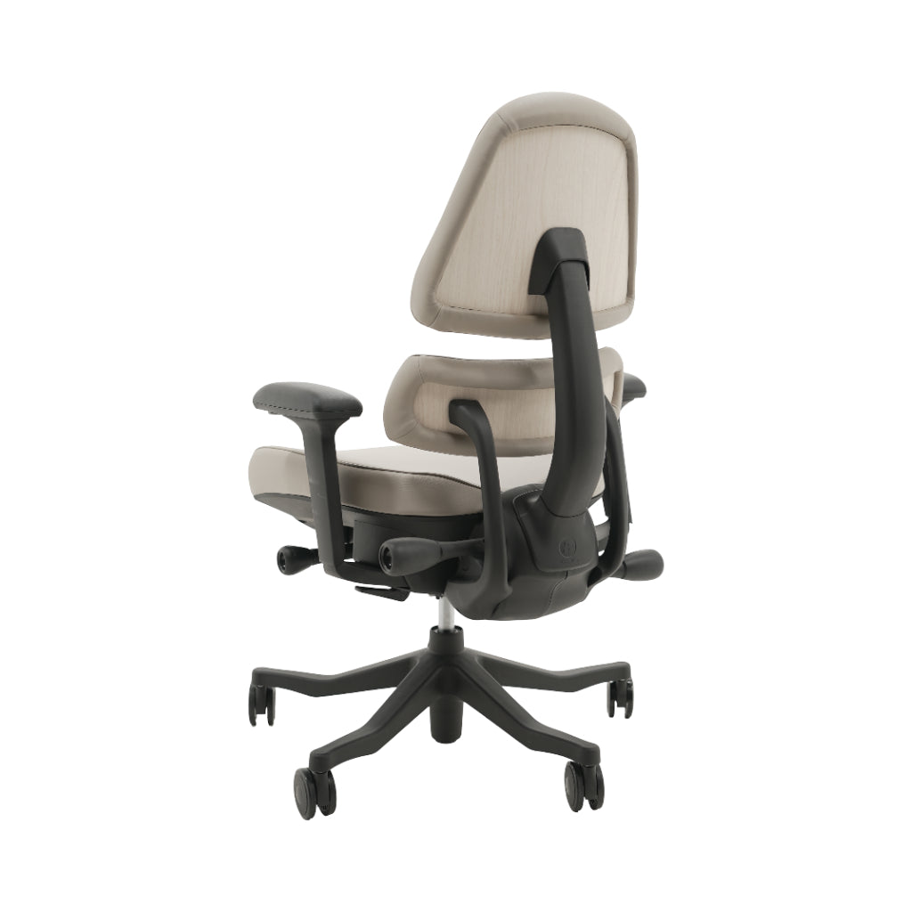 An ergonomic office chair with a high back, adjustable armrests, and a four-wheel base, shown from a rear angle on a white background.