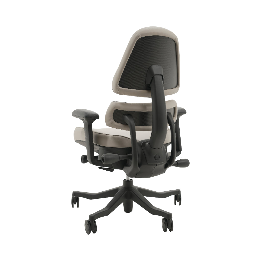 An ergonomic office chair with a high back, adjustable armrests, and a four-wheel base, shown from a rear angle on a white background.