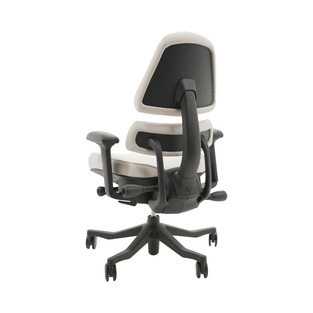 An ergonomic office chair with a high back, adjustable armrests, and a four-wheel base, shown from a rear angle on a white background.