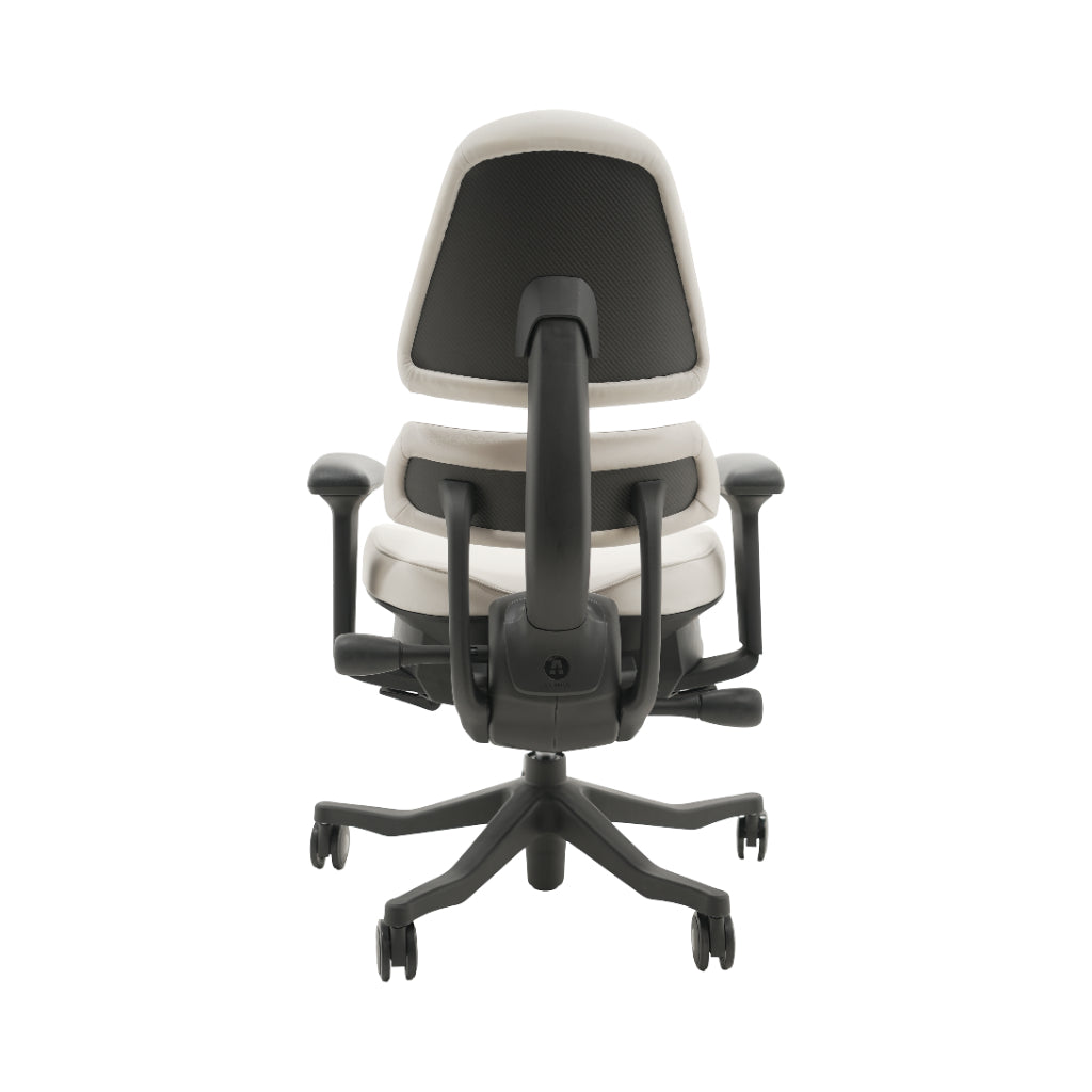 An ergonomic office chair with a high back, adjustable armrests, and a four-wheel base, shown from a rear angle on a white background.