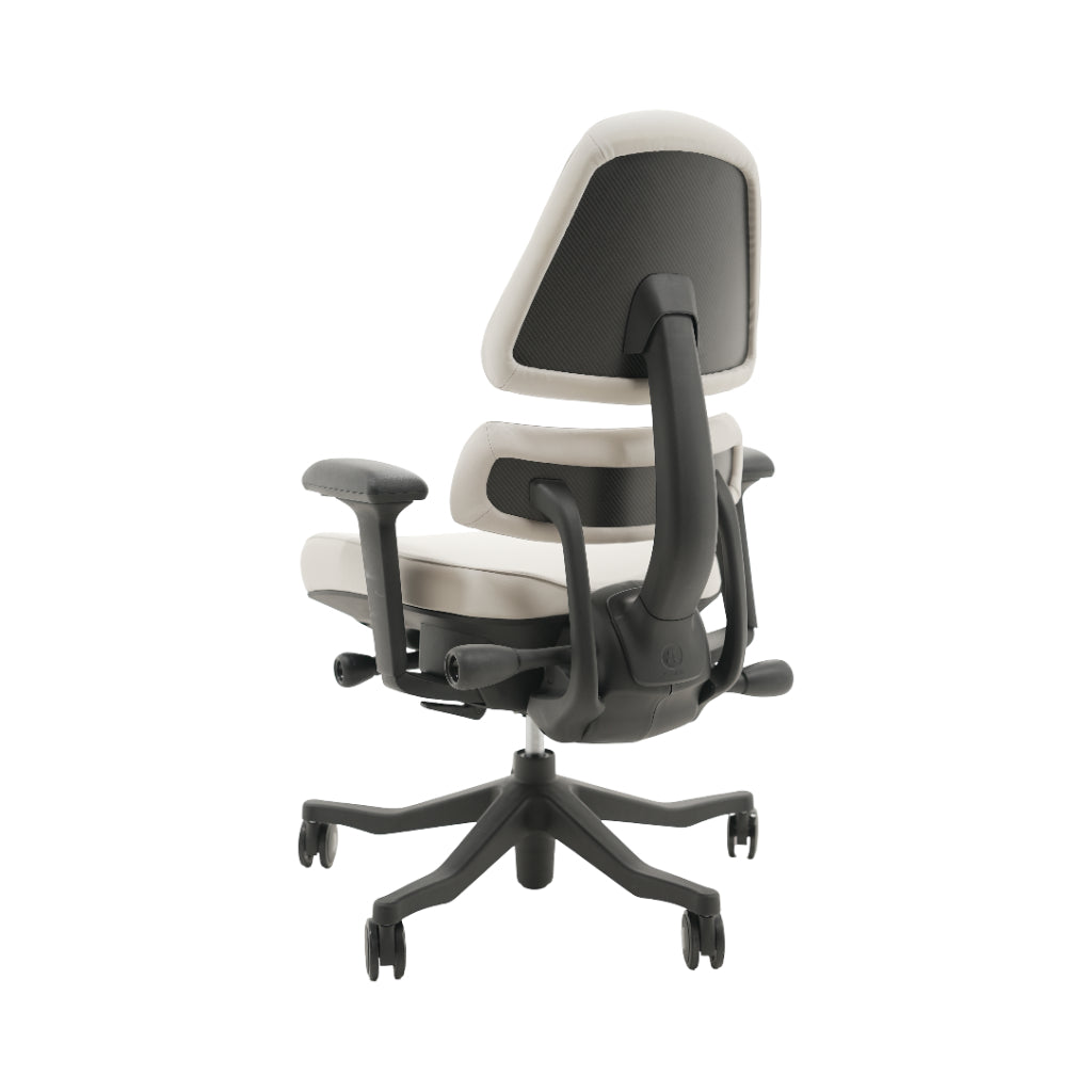 An ergonomic office chair with a high back, adjustable armrests, and a four-wheel base, shown from a rear angle on a white background.