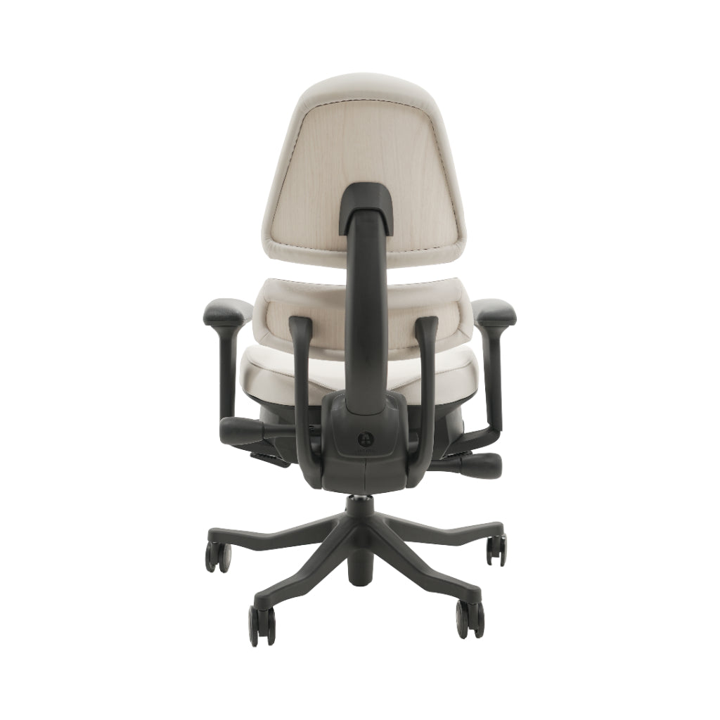 An ergonomic office chair with a high back, adjustable armrests, and a four-wheel base, shown from a rear angle on a white background.