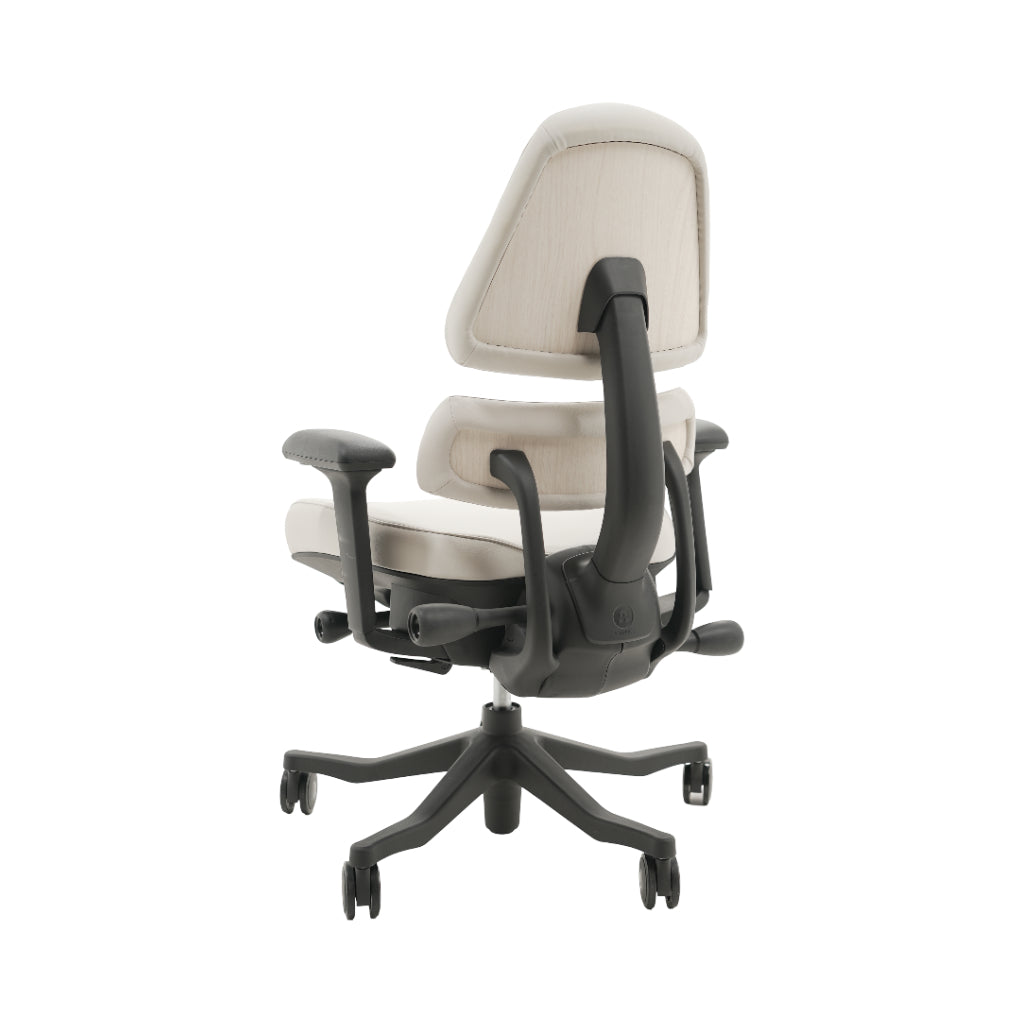 An ergonomic office chair with a high back, adjustable armrests, and a four-wheel base, shown from a rear angle on a white background.