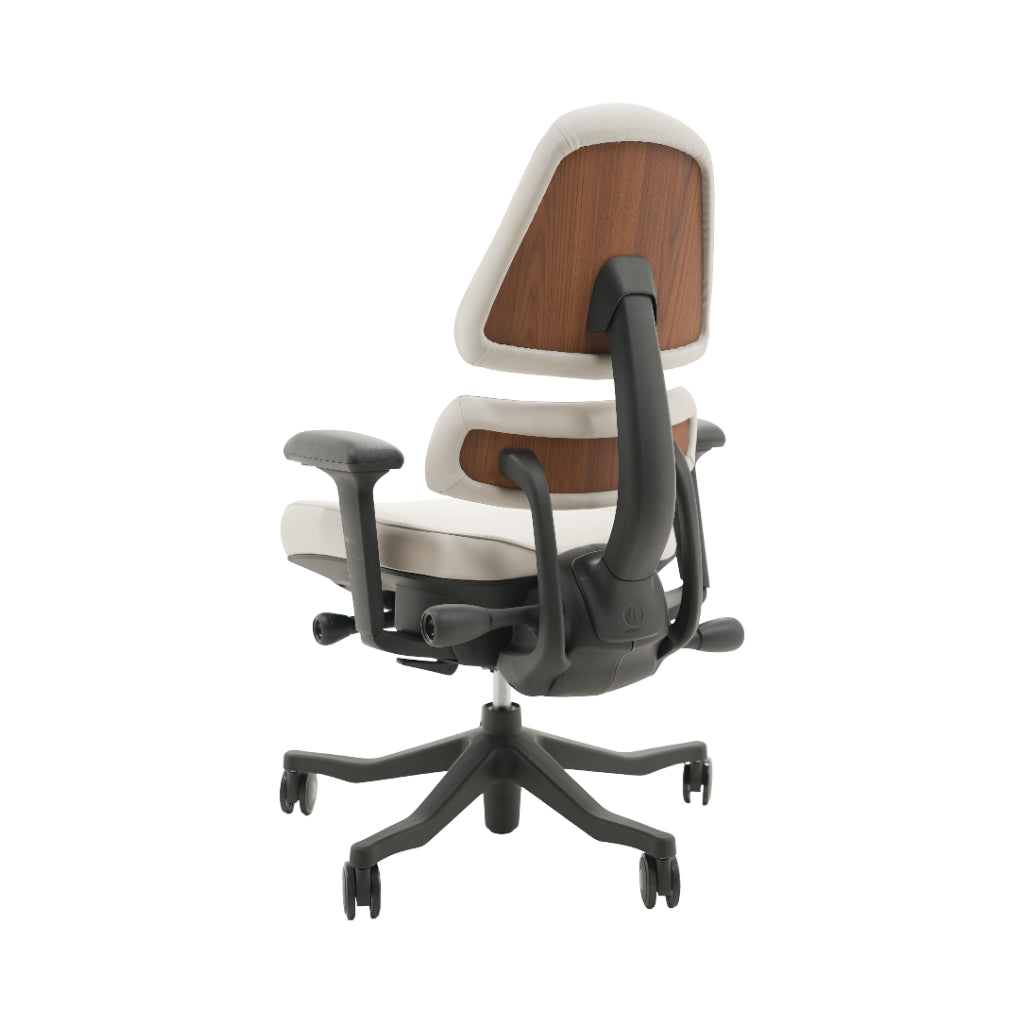 An ergonomic office chair with a high back, adjustable armrests, and a four-wheel base, shown from a rear angle on a white background.