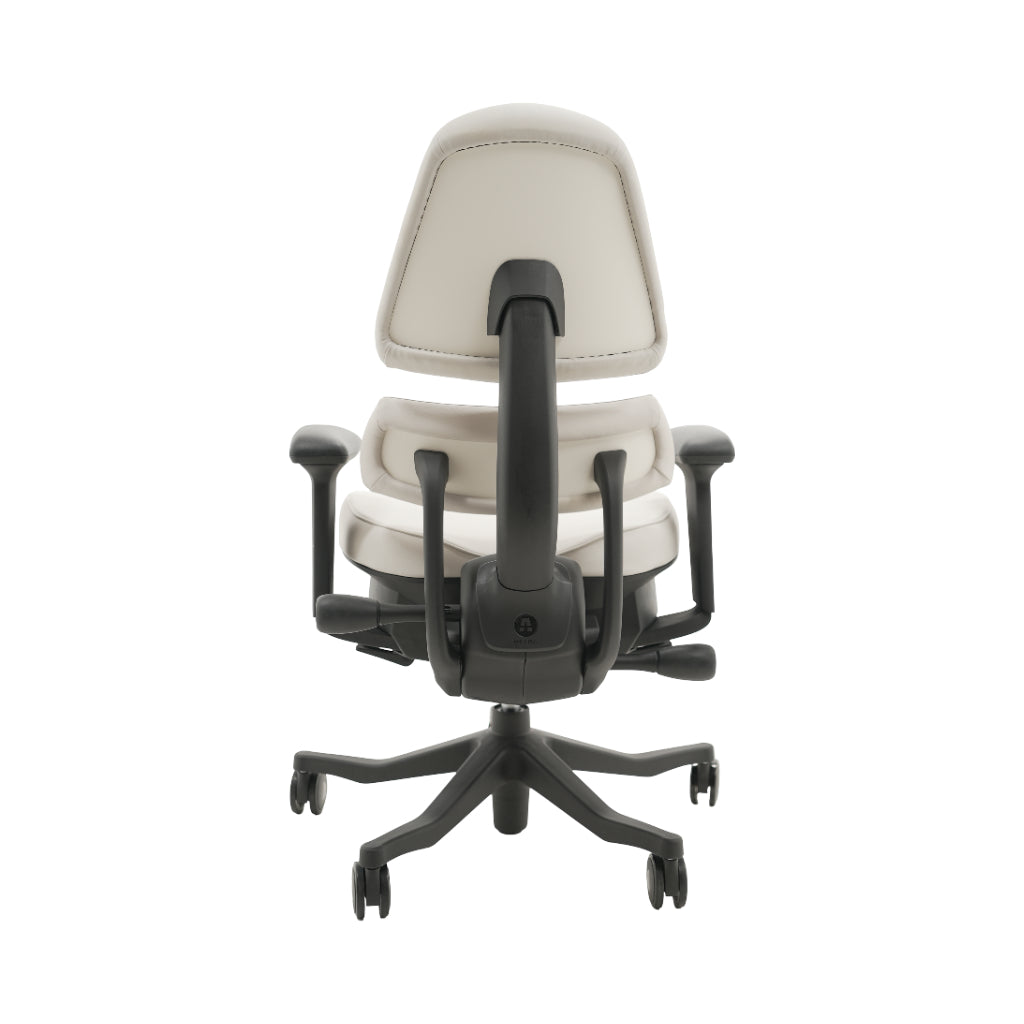 An ergonomic office chair with a high back, adjustable armrests, and a four-wheel base, shown from a rear angle on a white background.