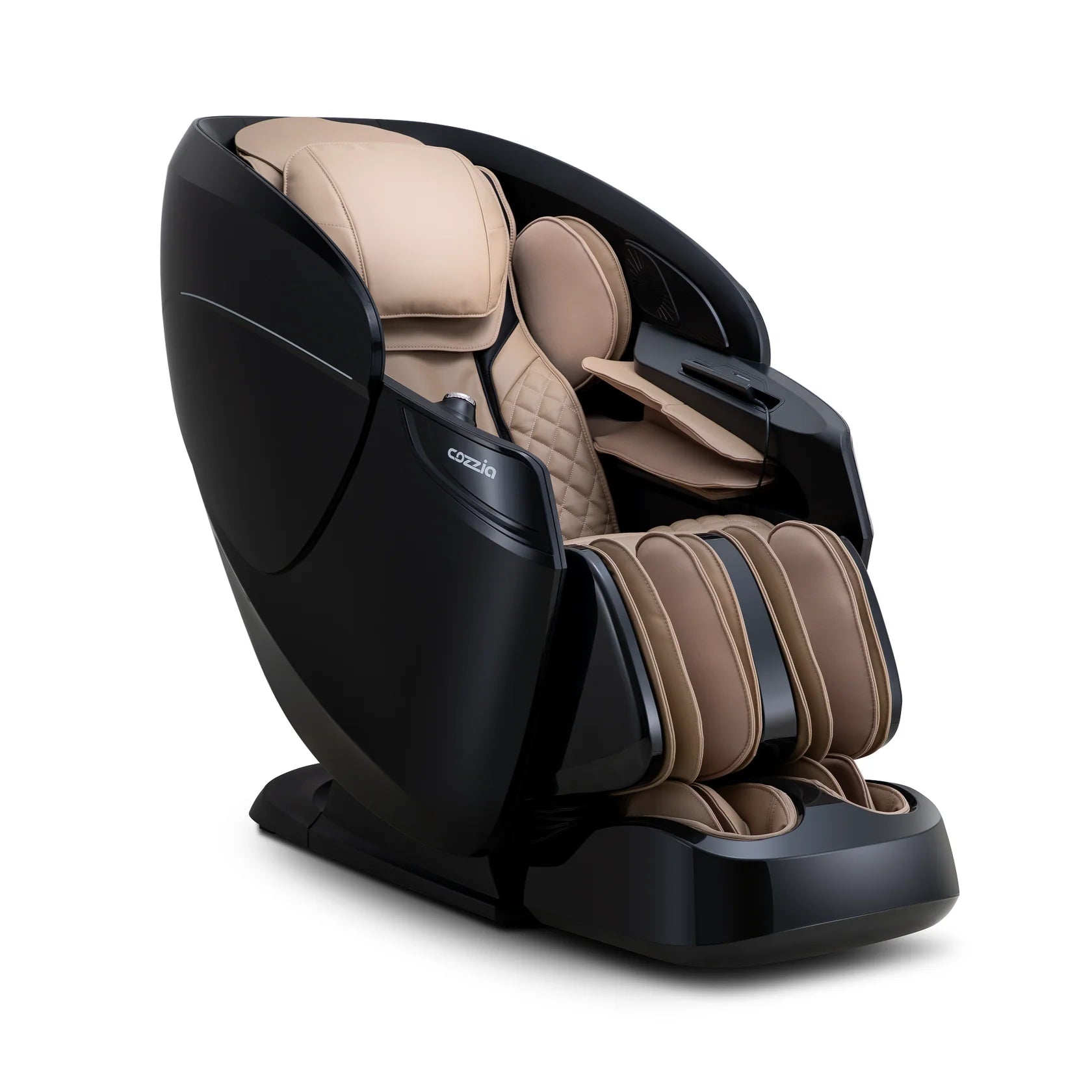 Massage chair with black and beige design on a white background