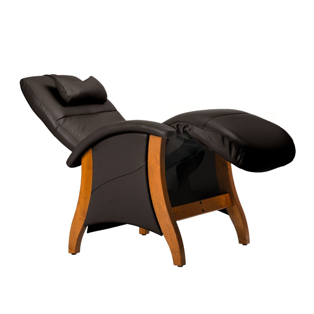 Black massage chair with wooden frame on a white background
